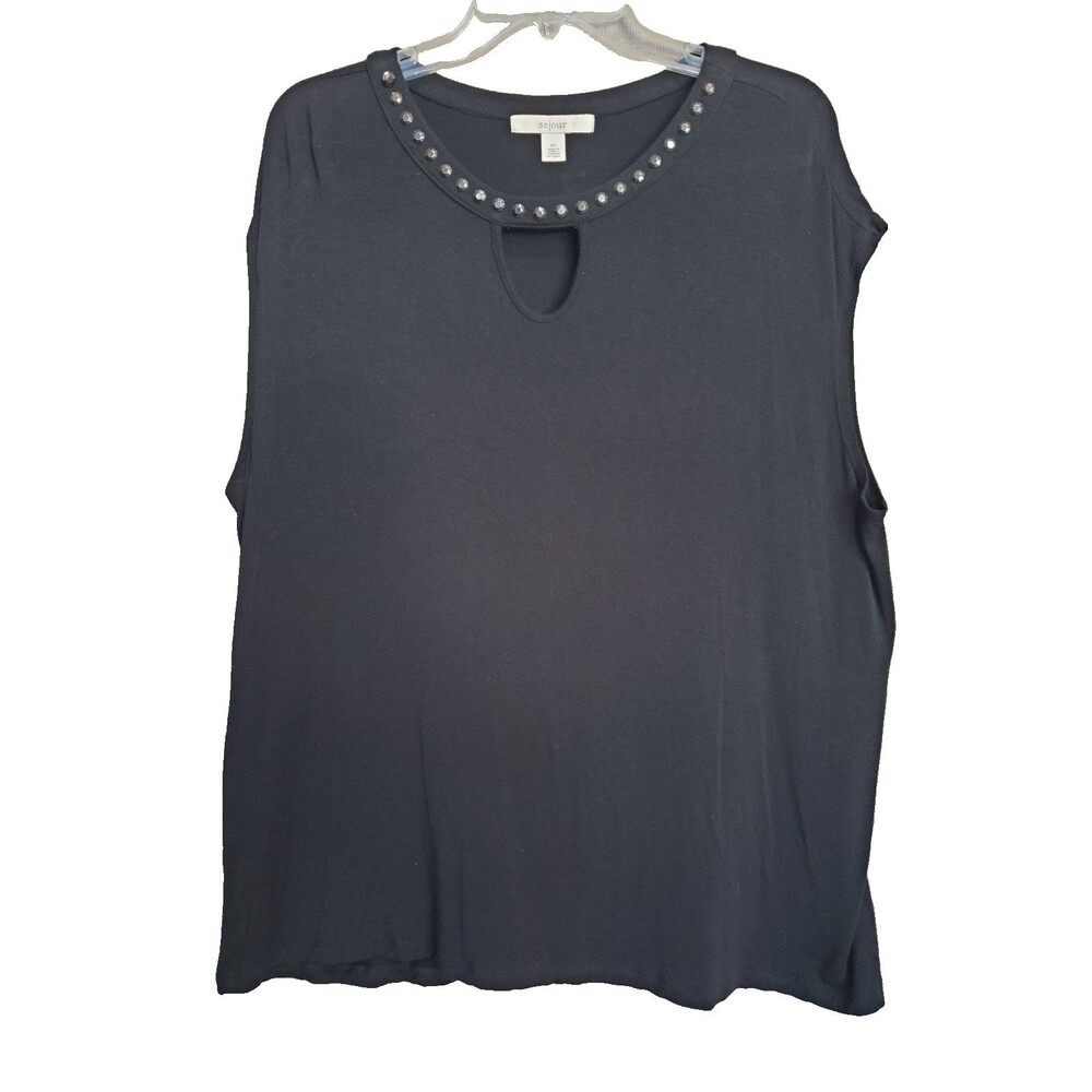 Sejour Black Jersey Knit Keyhole Neck Studded Sleeveless Tunic Size 0X